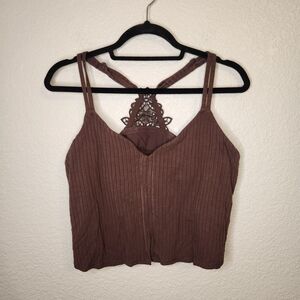 Aerie Ribbed Floral Lace Racerback Bralette Bra Brown tank top Size XXL